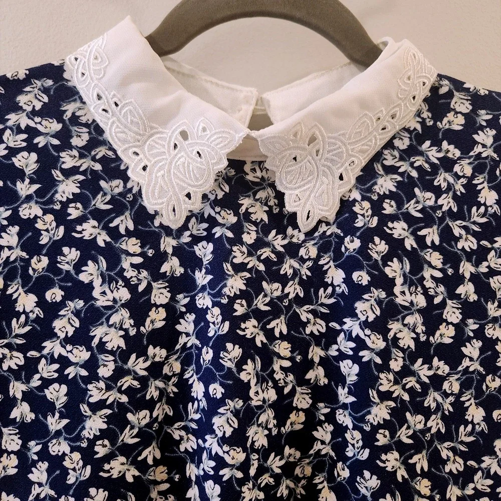 Cottagecore Floral Dress Misia  Vintage Style Preppy Short Sleeve Stretch Navy M